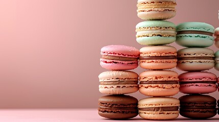 Wall Mural - An ice cream parlor macaron pyramid, with each macaron layer representing a different fun color like bubblegum pink, mint green, and chocolate brown. The background is a soft pastel gradient,