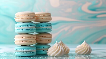 Wall Mural - An ocean waves macaron pyramid, with each macaron layer representing a different shade of aqua blue, teal, and sandy beige. The background is a soft pastel gradient,