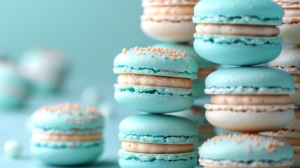 Wall Mural - An ocean waves macaron pyramid, with each macaron layer representing a different shade of aqua blue, teal, and sandy beige. The background is a soft pastel gradient,