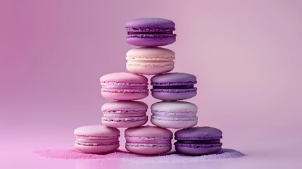 Wall Mural - An ombre effect macaron pyramid, with each macaron layer representing a different gradient from light lavender to deep purple. The background is a soft pastel gradient,