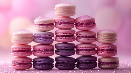 Wall Mural - An ombre effect macaron pyramid, with each macaron layer representing a different gradient from light lavender to deep purple. The background is a soft pastel gradient,