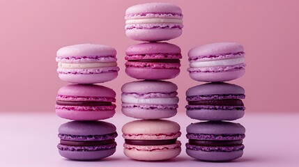 Wall Mural - An ombre effect macaron pyramid, with each macaron layer representing a different gradient from light lavender to deep purple. The background is a soft pastel gradient,