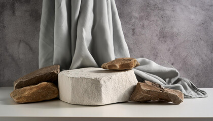 Wall Mural - White stone podium with draped fabric, minimalist backdrop