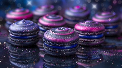 Wall Mural - Galaxy macarons arranged in a circular pattern on a glass table, with vibrant swirls of navy, purple, and black, adorned with silver specks. The background is a blurred space scene,