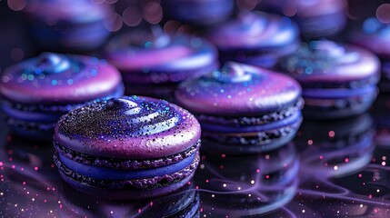 Wall Mural - Galaxy macarons arranged in a circular pattern on a glass table, with vibrant swirls of navy, purple, and black, adorned with silver specks. The background is a blurred space scene,