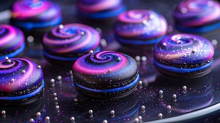 Wall Mural - Galaxy macarons arranged in a circular pattern on a glass table, with vibrant swirls of navy, purple, and black, adorned with silver specks. The background is a blurred space scene,