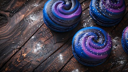 Wall Mural - Galaxy macarons on a rustic wooden table, with vibrant swirls of navy, purple, and black, adorned with silver specks.