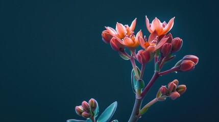 Wall Mural - colorful macro photography of isolated stonecrop flower with buds and leaves on dark blue backdrop
