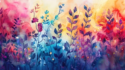 Wall Mural - stunning colorful abstract art with watercolor background featuring flowers and plants for a unique and captivating visual experience