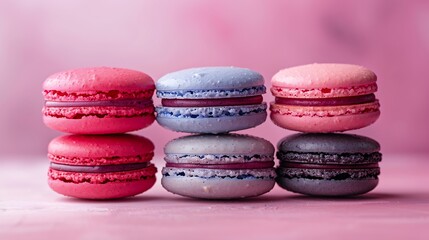 Wall Mural - A berry delight macaron pyramid, with each macaron layer representing a different rich tone of raspberry red, blueberry blue, and blackberry purple. The background is a soft pastel gradient,