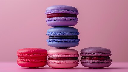 Wall Mural - A berry delight macaron pyramid, with each macaron layer representing a different rich tone of raspberry red, blueberry blue, and blackberry purple. The background is a soft pastel gradient,