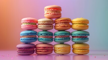 Wall Mural - A candy crush macaron pyramid, with each macaron layer representing a different bright candy color like turquoise, magenta, lime green, and orange. The background is a soft pastel gradient,