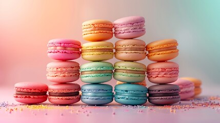 Wall Mural - A candy crush macaron pyramid, with each macaron layer representing a different bright candy color like turquoise, magenta, lime green, and orange. The background is a soft pastel gradient,