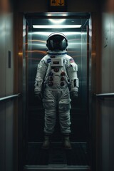 Wall Mural - a person in a space suit stands in an elevator, possibly on a spaceship or in a futuristic setting