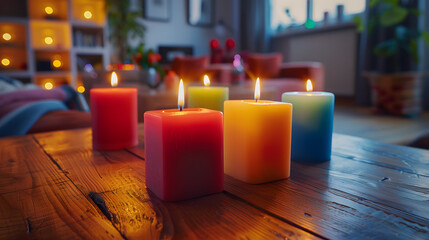 Grouping of colorful candles for living room table interior decoration atmosphere.