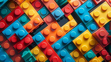 A whimsical brick pattern of colorful toy building blocks arranged in a playful and imaginative structure, capturing the essence of childhood creativity.