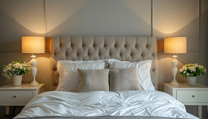 Wall Mural - Comfortable bed between bedside tables with lamps at home. Interior design