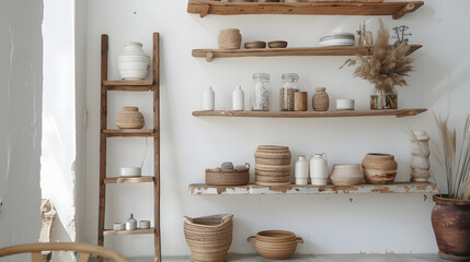 Wall Mural - A shelf filled with various vases and potted plants