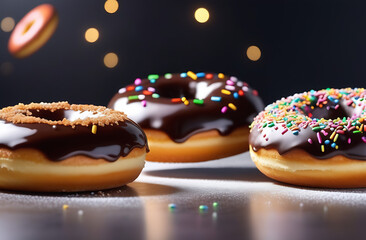 Wall Mural - Chocolate-glazed donut with colored sprinkles. American National Dessert on a Black Background.