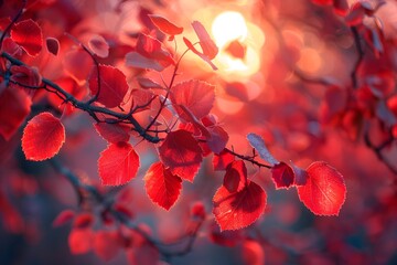 Wall Mural - Vibrant Red Autumn Leaves Against a Glowing Sunset