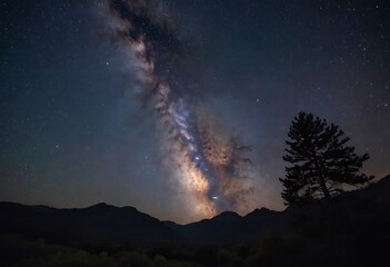 Wall Mural - A clear night sky filled with stars, with the Milky Way visible, above a silhouette of mountains or trees.