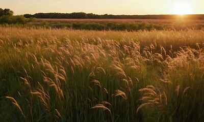 Wall Mural - A wide-open prairie with tall grasses swaying in the breeze, bathed in the warm glow of a setting sun.