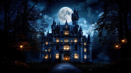 Poster - A large castle with a full moon in the background. The castle is surrounded by trees and has a spooky atmosphere