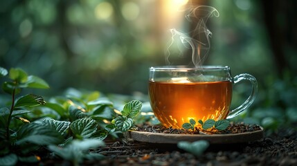 Wall Mural - Glass cup of tea on wooden table and blurred nature background