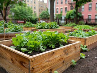 Urban community garden with multiple raised wooden beds filled with green vegetable plants, set in a city neighborhood.