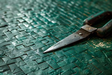 Wall Mural - Close-Up of Rusty Scissors on Green Woven Surface