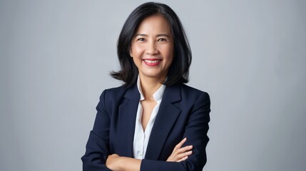 Professional Portrait of a Confident MiddleAged Southeast Asian Businesswoman in Dark Blazer with Crossed Arms, Ideal for Corporate Use