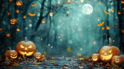 Wall Mural - a forest scene with pumpkins and bats. scene is spooky and eerie