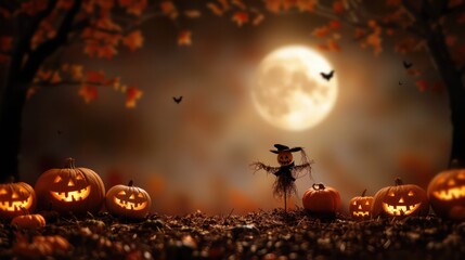 Wall Mural - a halloween scene with a scarecrow and pumpkins. the pumpkins are arranged in a row and the scarecro