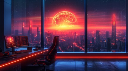 Wall Mural - A nighttime view of a futuristic city from a high-rise window, with a large red glowing sphere in the sky and a cityscape illuminated by glowing neon lights.