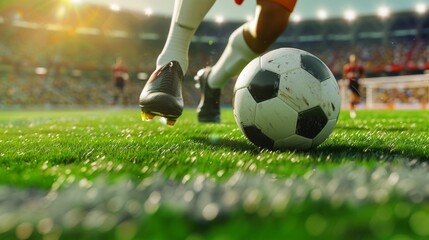 A soccer player's foot is positioned close to the ground, ready to control the ball. The ball is in front of the foot, with the green field and stadium lights in the background