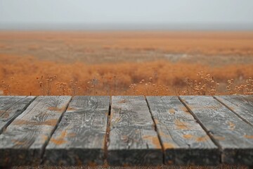 Wall Mural - A wooden table in a natural setting with tall grass and possibly used for outdoor gatherings or picnics