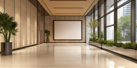 Poster - Modern empty hallway with blank frame and plants