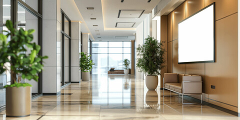Poster - Modern office building interior with blank frame showing spacious hallway