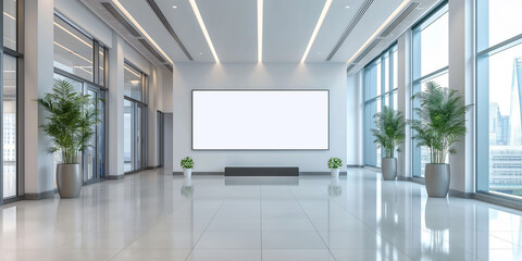 Poster - Modern empty office building hallway with big blank frame