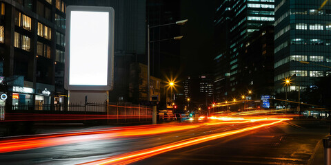 Poster - Blank billboard by night with light trails in a modern city