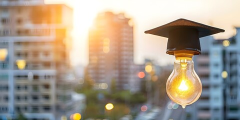 Wall Mural - closeup of light bulb wearing graduation hat against blurred housing sector backdrop. concept gradua
