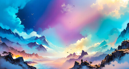 Sticker - Majestic Mountain Landscape with Birds Flying in a Colorful Sky