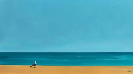 Minimalist composition of South Haven Beach, featuring a solitary seagull against a gradient sky of deep blue to turquoise.