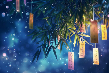 Wall Mural - Bamboo trees with hanging wishes written on paper cards on night starry background. Tanabata or Qixi Festival. Chinese Valentine’s day. Illustration for greeting card, banner, poster