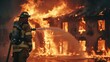 © Eugene - a firefighter sprays water on a burning building building is engulfed in flames firefighter wears protective gear