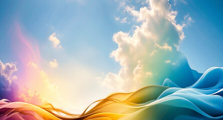 Wall Mural - Abstract blue and yellow wavy background with clouds