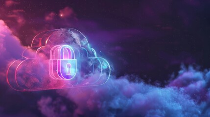 Abstract illustration of cloud security services, stylized cloud icon integrated with a secure padlock symbol, representing data protection and cybersecurity in cloud computing environments.