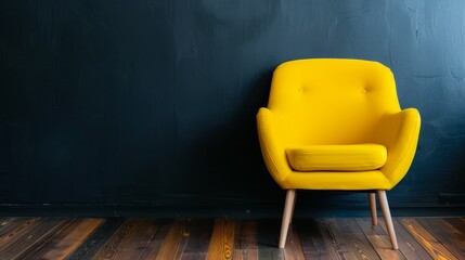 Wall Mural -  A yellow chair sits atop a wooden floor Nearby, a blue wall stands Behind the scene, two wooden floors meet a black wall