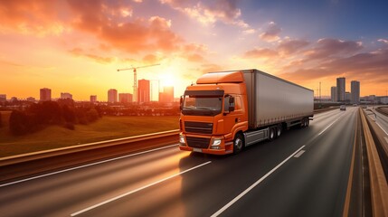 Logistics import export and cargo transportation industry concept of Container Truck run on highway road at sunset blue sky background