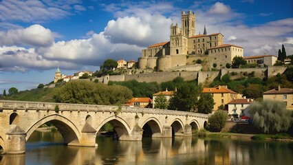 Le Pont Vieux et la cathédrale sur l'Orb à Béziers, Hérault, Occitanie , France